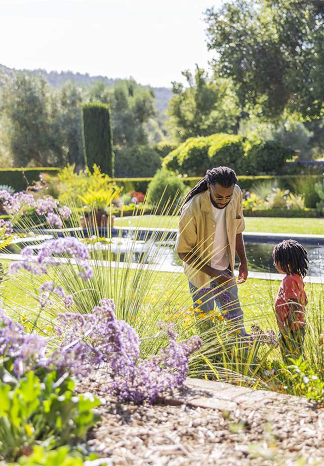 Man and child looking at flowers at Filoli Historic House and Garden