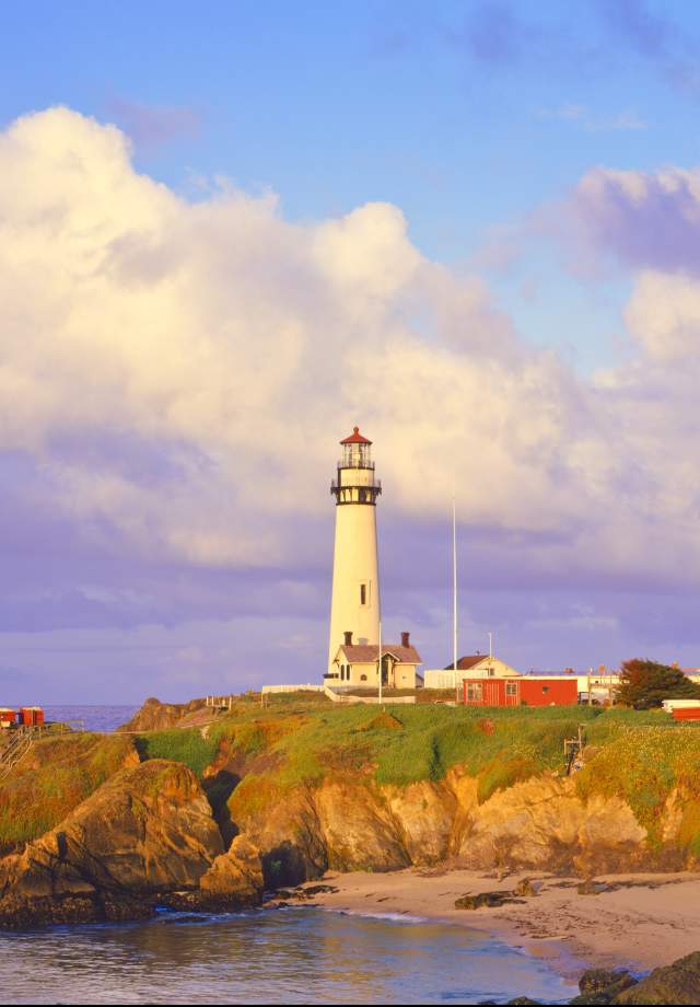 The Pigeon Point Lighthouse at golden hour on the San Francisco Peninsula.
