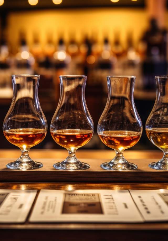 Six glasses of whisky on a tasting counter