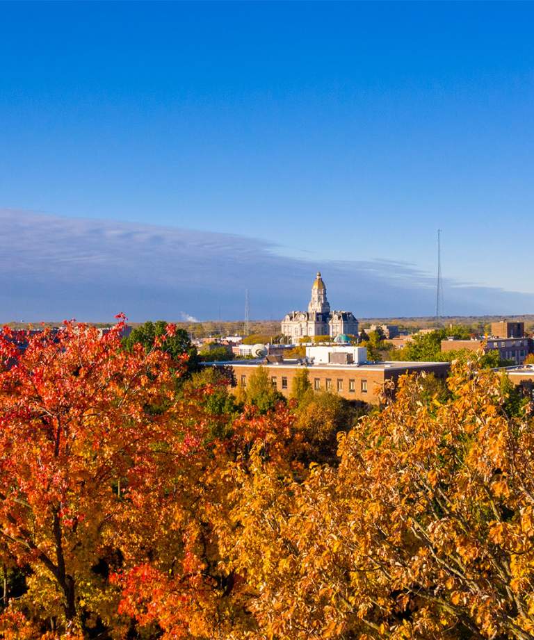 View of Terre Haute, Indiana, downtown with fall trees