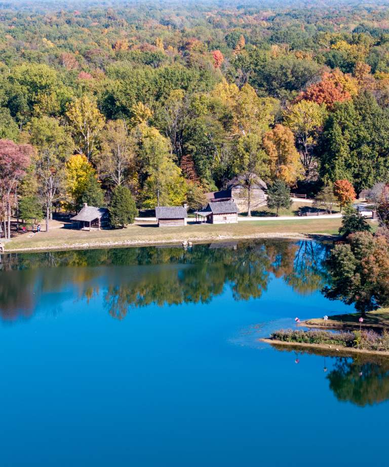 Fowler Park lake, Pioneer Village, and campgrounds