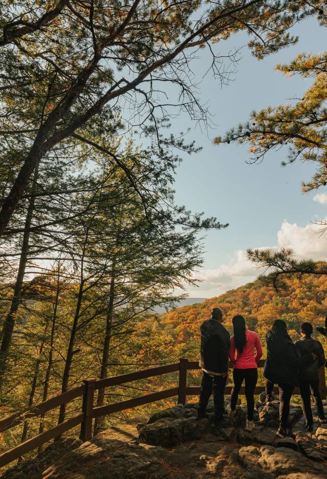 A family looks over the railing at the Canyon Overlook in Rocky Gap State Park.