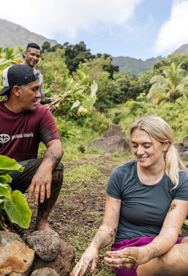 Rick Barboza of Papahana Kuaola and volunteers clean harvested kalo (taro) in a stream