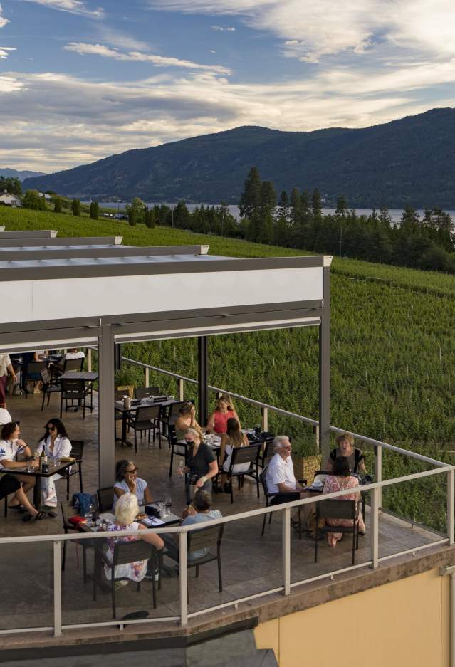 Aerial view of The Lookout Restaurant patio at the Gray Monk Winery in Lake Country, BC
