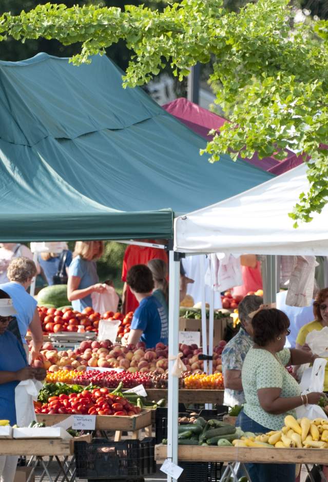 people shopping for fruits and vegetables under tents at a farmers market