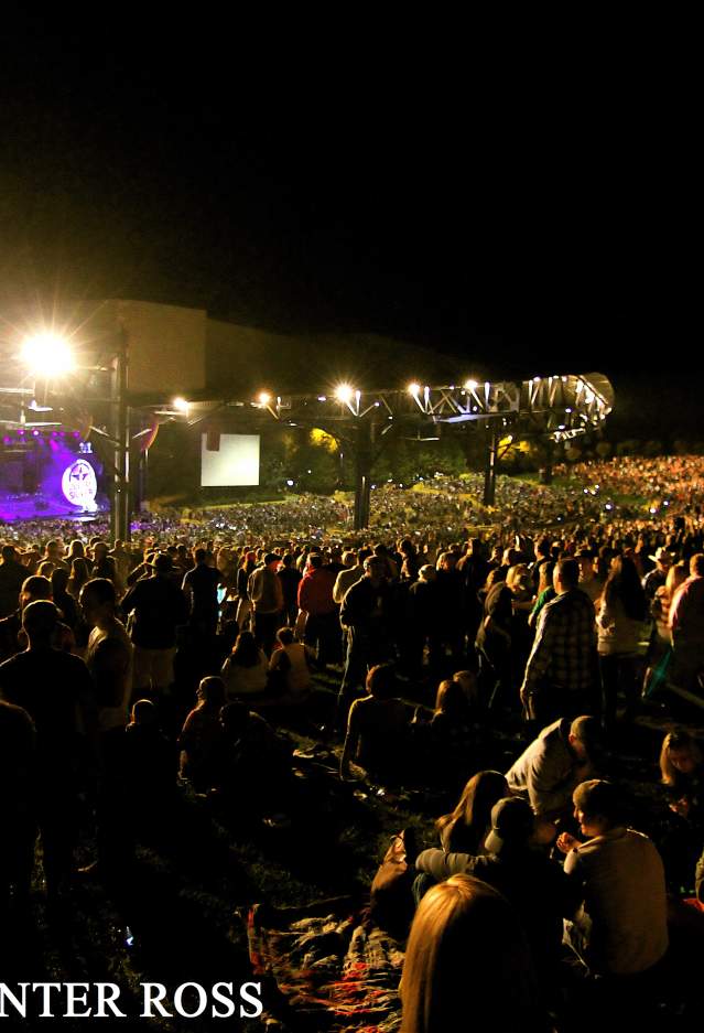 A crowd at night standing on a lawn at an outdoor concert venue.
