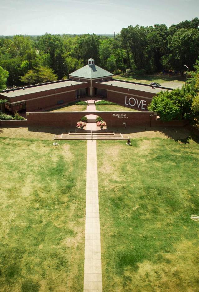 aerial shot of the outside of the Manassas Museum