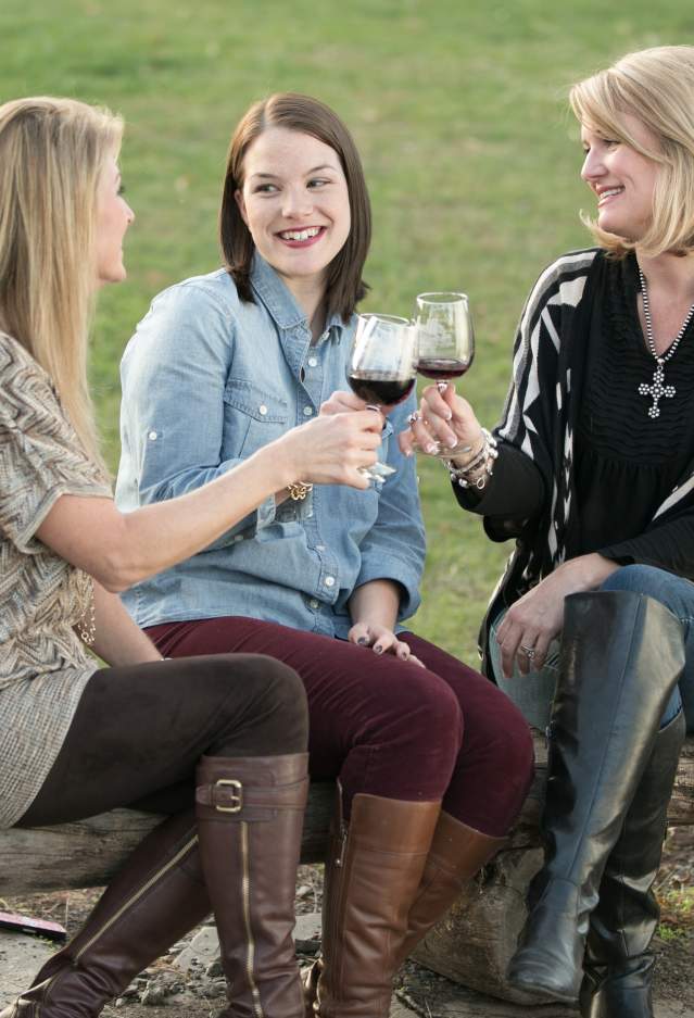 3 women doing a "cheers", putting their wine glasses together and sitting on a log