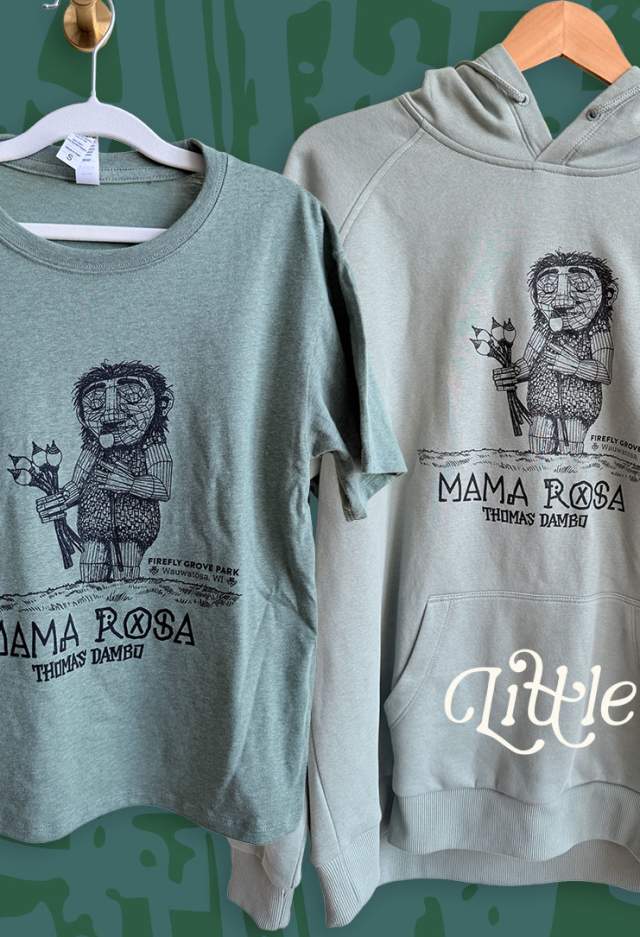 selection of shirts with an illustration of the Mamma Rosa Troll on them