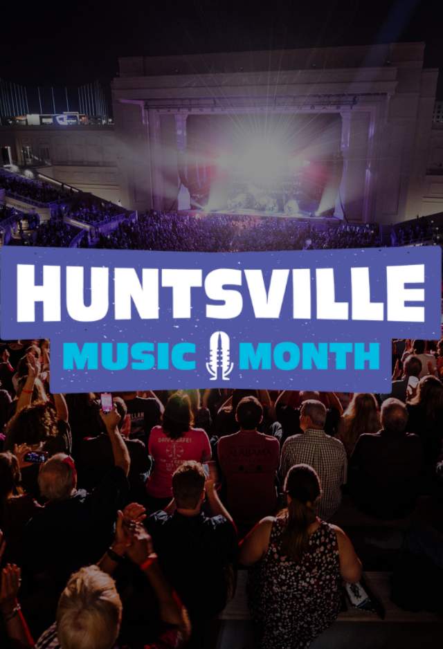Logo in the center with the words Huntsville Music Month against a background image of The Orion Amphitheater during a concert. Shows hundreds of people looking in the direction of a brightly lit stage.