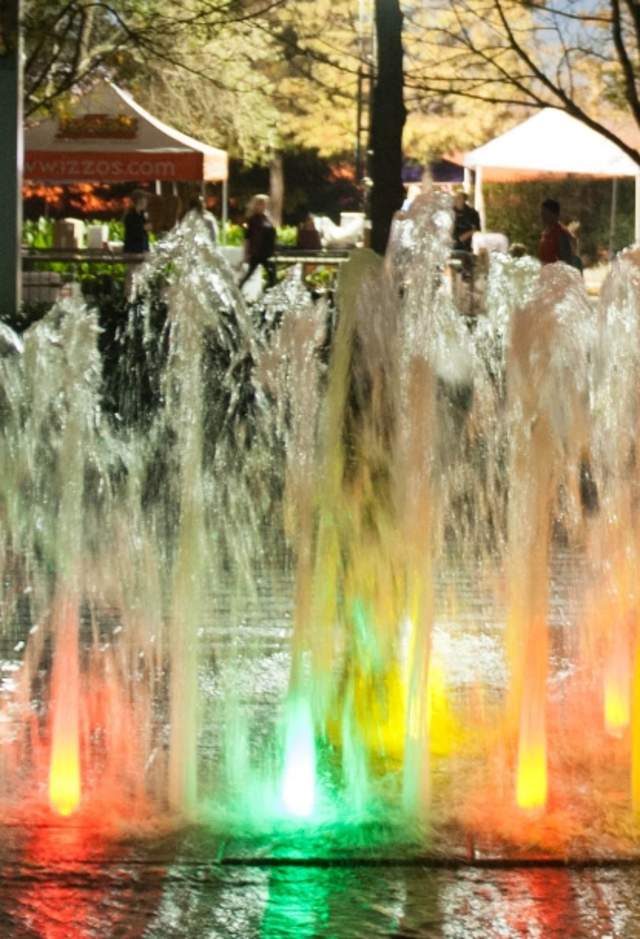 Colorful water fountain display at the Shaw Center for the Arts