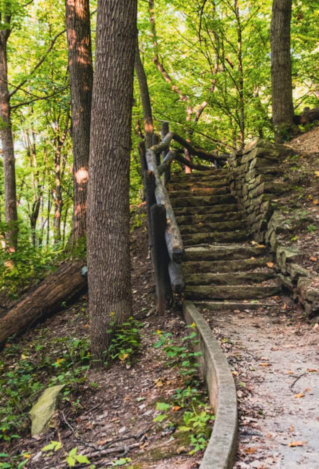 Dirt and stone path and stairwell in the woods at Jacobus Park in Wauwatosa, WI