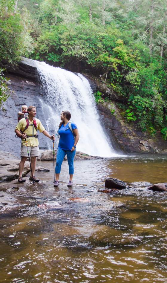 Hikers near waterfall