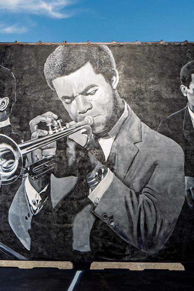 The Indiana Avenue Jazz Masters mural by Pamela Bliss pays tribute to the city's rich jazz history