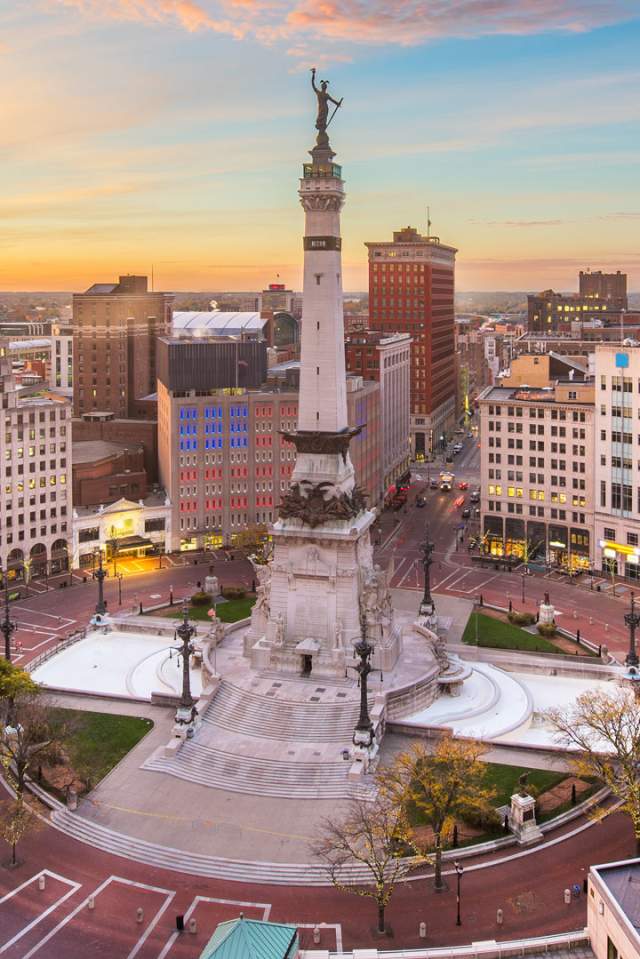 Monument Circle, home to the Soldiers and Sailors Monument, sits at the heart of downtown Indy.