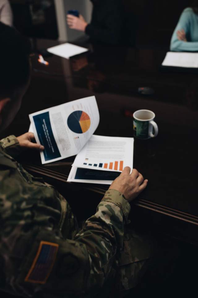 Person in military camouflage holding and reviewing documents