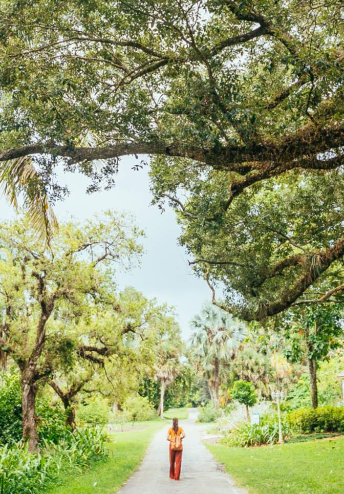 Woman walking along path at Flamingo Gardens Botanical Garden and Everglades Wildlife Sanctuary
