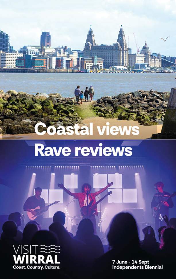 Two images, one of the coast and skyline and one of a gig. White text overlays the images saying "coastal views, rave reviews".