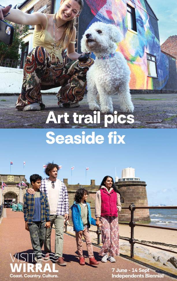 Two images one of a girl taking a selfie with a white fluffy dog in front of a wall with some colourful art on. The second image is a family walking down a prom next to the sea. White text over the top of the images says ' Art trail pics, Seaside fix'.