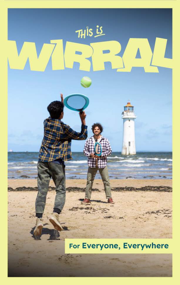 A father and son play tennis on New Brighton beach, the image includes branding for Visit Wirral