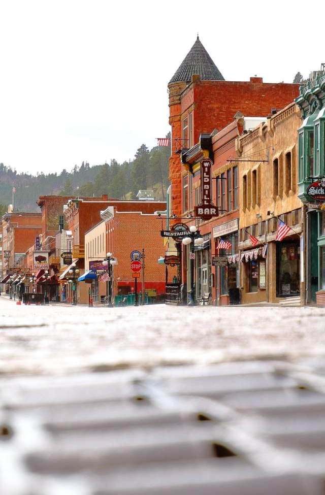 low view of the street and the historical buildings on main street deadwood.