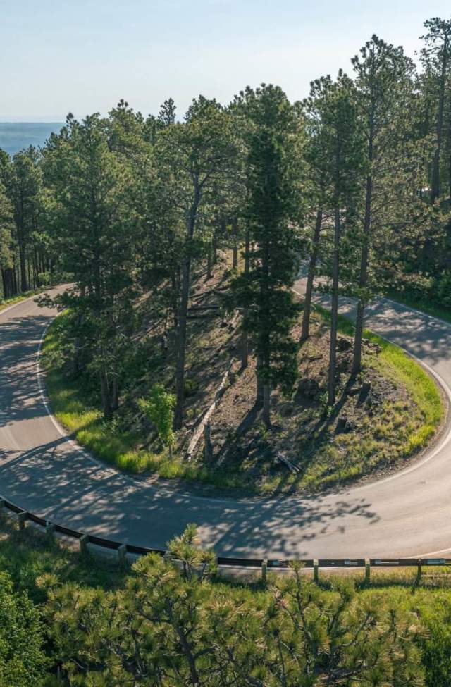 curvy part of iron mountain road in the black hills of south dakota with biker riding