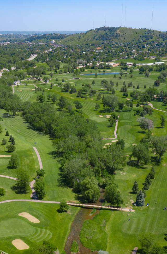 drone view of the golf course in rapid city, sd called meadowbrook.