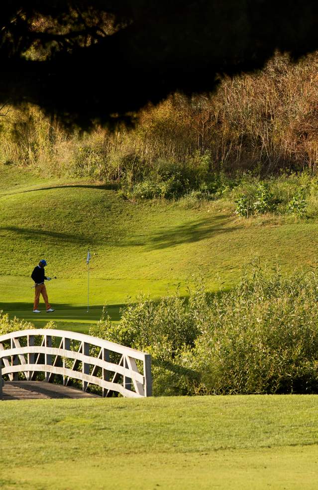 Ben Brown Golf Course at The Ranch at Laguna Beach, featuring a scenic fairway surrounded by rolling green hills, a white arched footbridge crossing a natural area, and golfers playing beneath mature trees in a tranquil canyon setting.