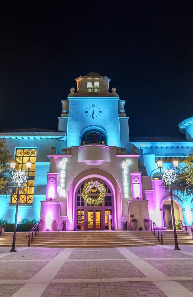 City Hall in Old Town Temecula lit up with chilled colors for the holidays