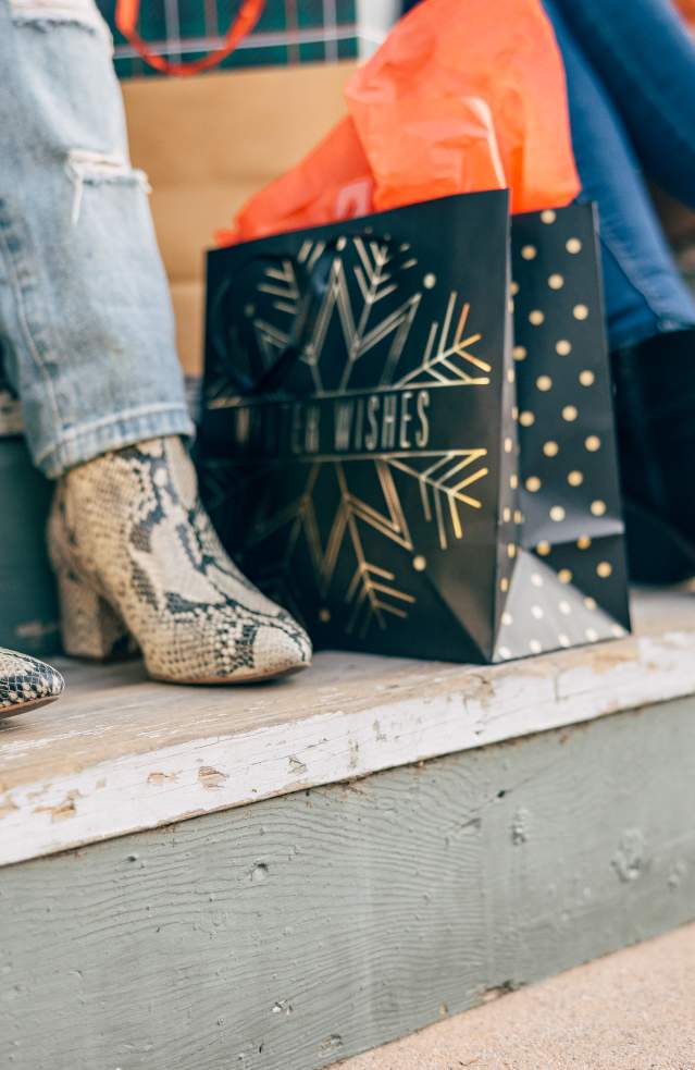 Close up of women sitting on a porch with holiday shopping bags