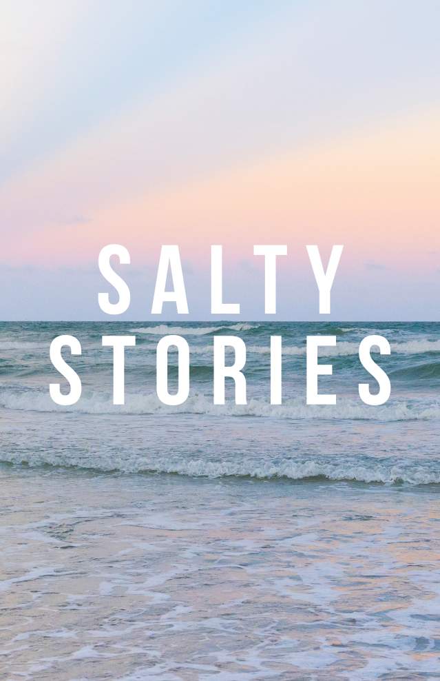 Panoramic sunset view of waves crashing on the Port Aransas beach with "Salty Stories" text.