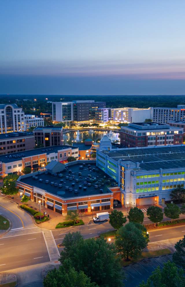 Drone shot of City Center at dusk