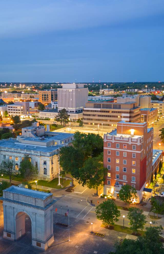 Ariel view of Downtown the city at dusk