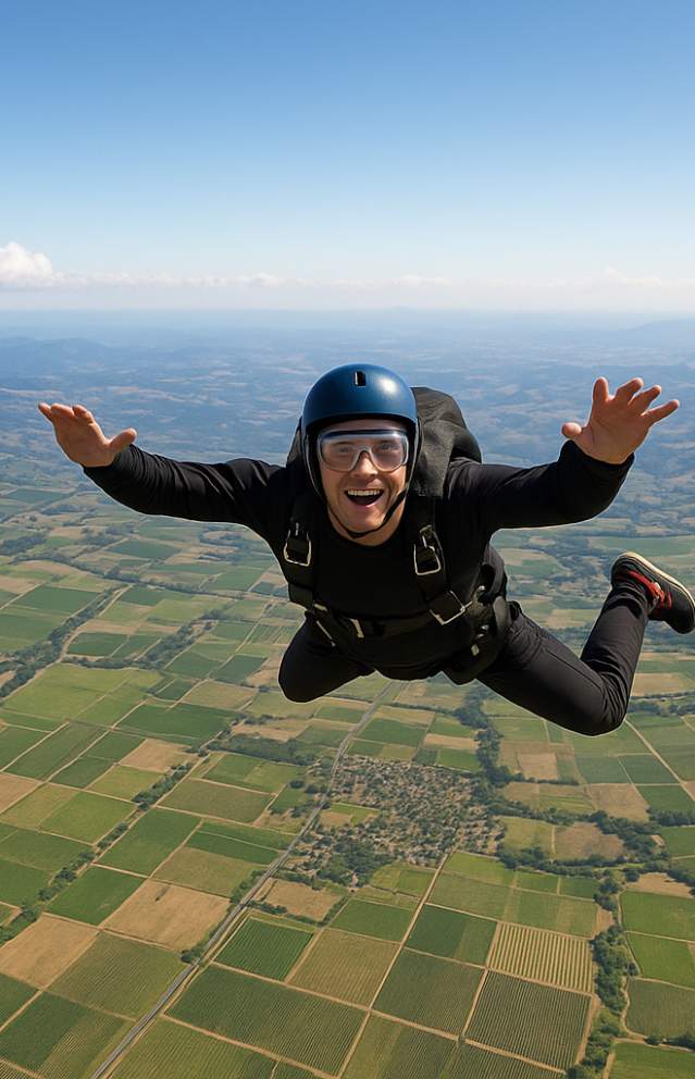 AI-generated image of a person in black skydiving gear smiles while free-falling over the green patchwork fields and rolling hills of Sonoma Valley under a clear blue sky.