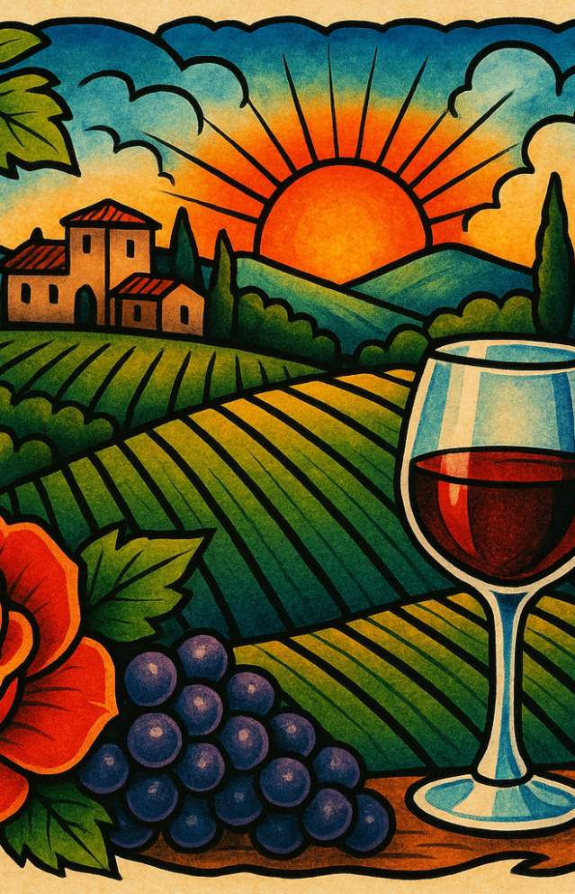 Tattoo artwork with many colors depicting a wine country scene with vines, vineyards, grape clusters, stone house, sun behind the hills, a glass of wine and a wine bottle.