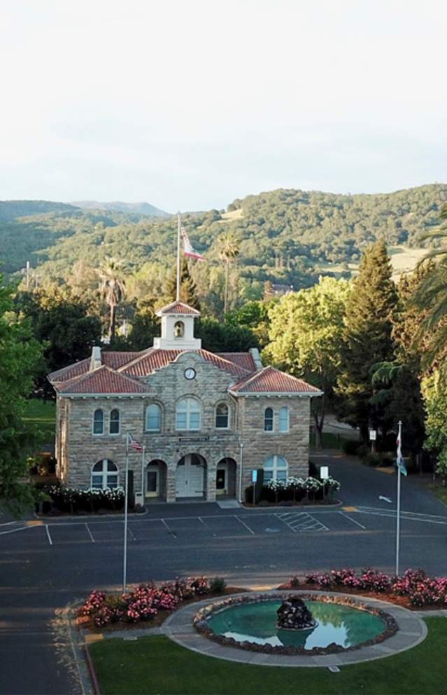 The historic Sonoma Plaza as seen from the air, with iconic Sonoma City hall in middle