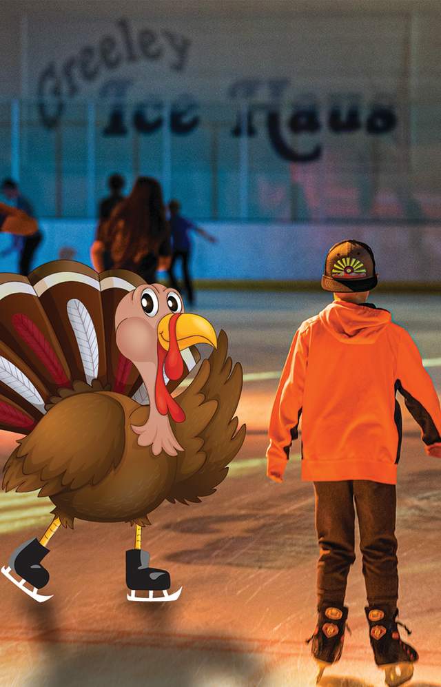 Child in an orange jacket skating his turkey off next to a turkey skating graphic