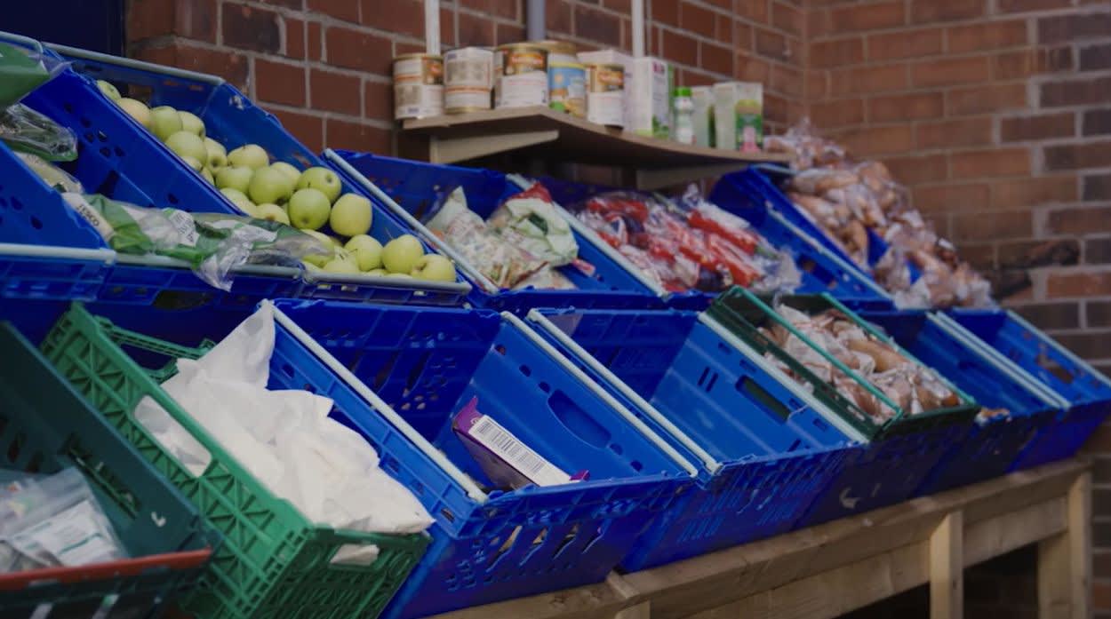 Baskets of fruit and vegetables.