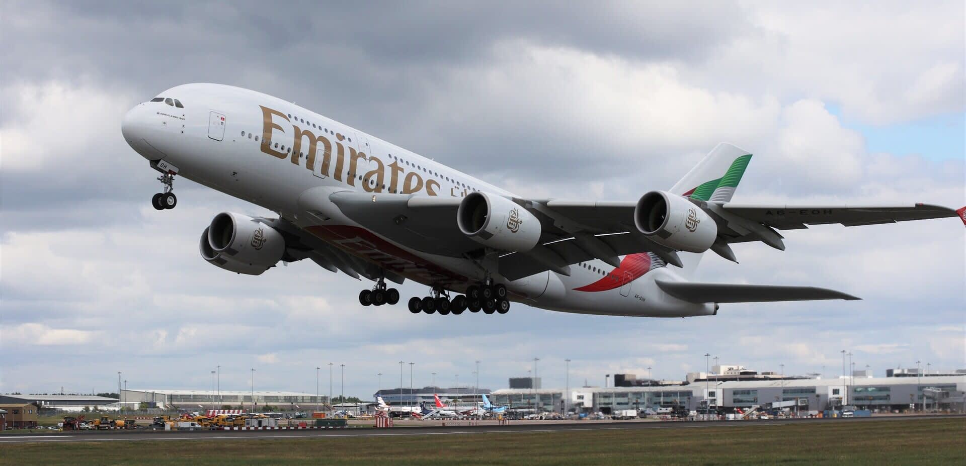 Emirates A380 landing at Birmingham Airport
