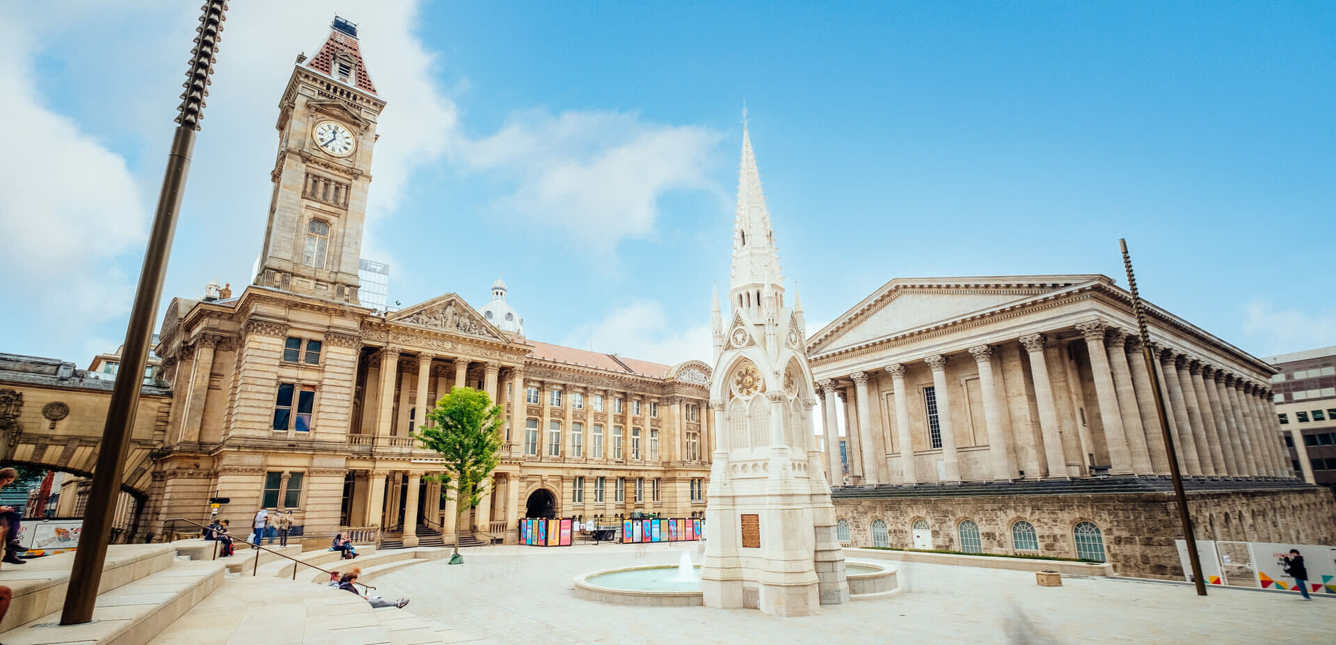 The clock tower in Chamberlain Square on a sunny day