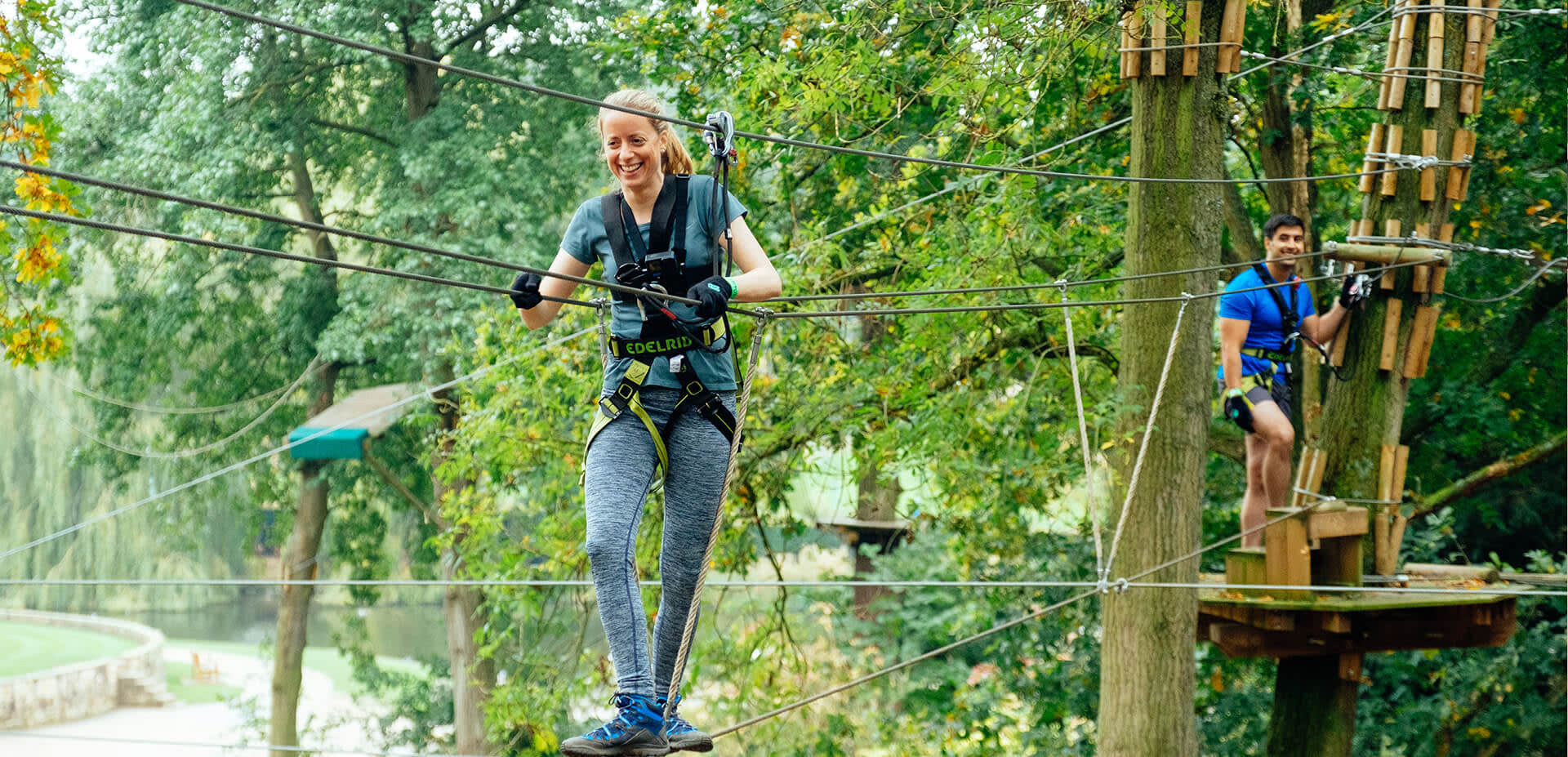 A woman on some high wires at Go Ape Coventry