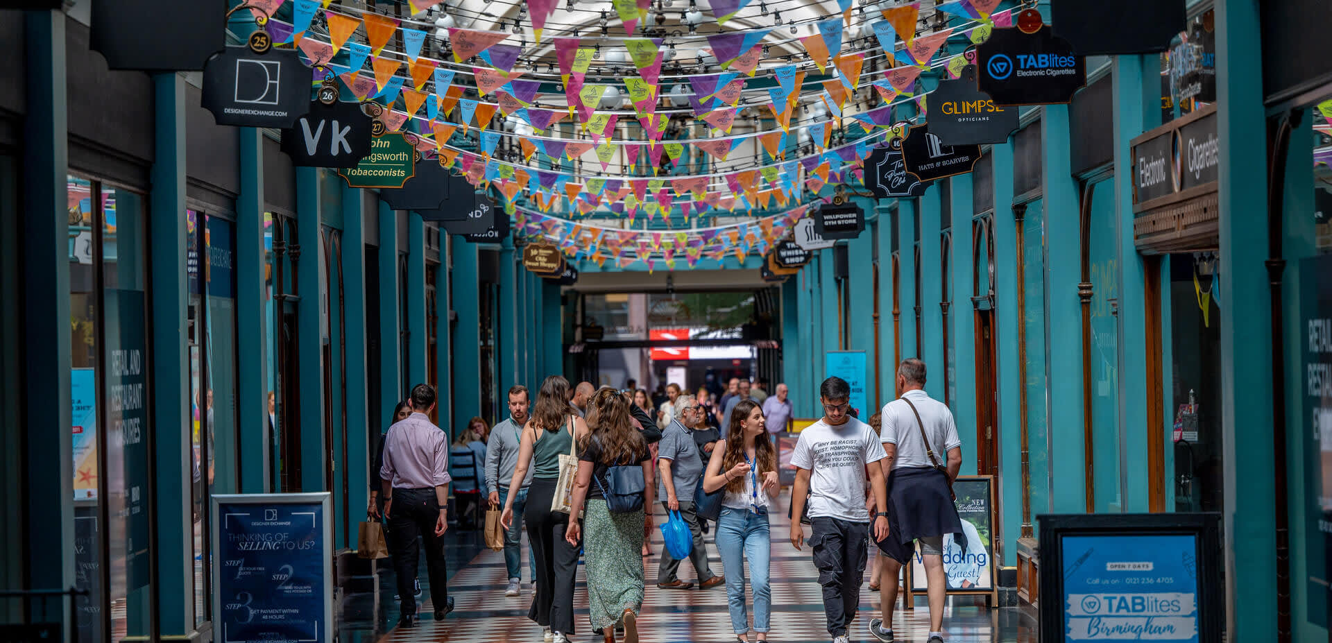 A view down the Great Western Arcade in Birmingham, decorated for the Commonwealth Games.