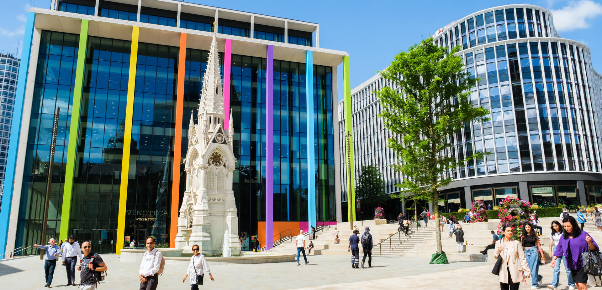 The clock tower and fountain of Paradise in Birmingham during the 2022 Commonwealth Games