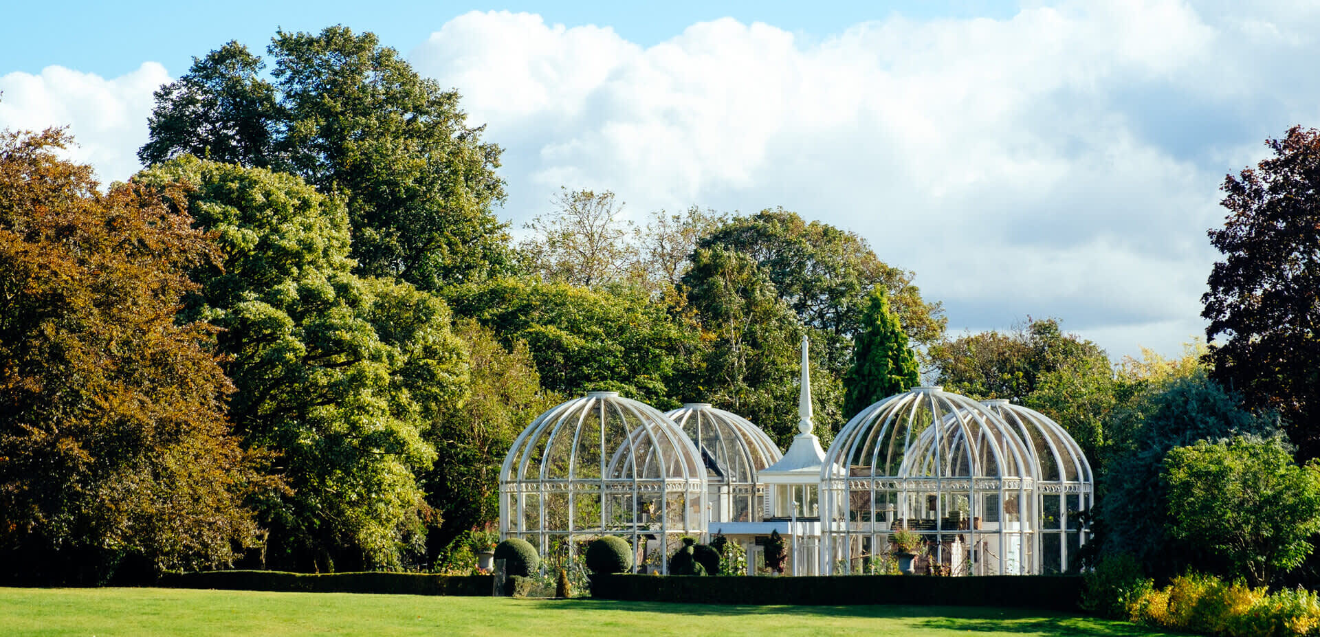 The Botanical Gardens, showing an elaborate greenhouse in the distance across a wide open, green space, framed by large trees.