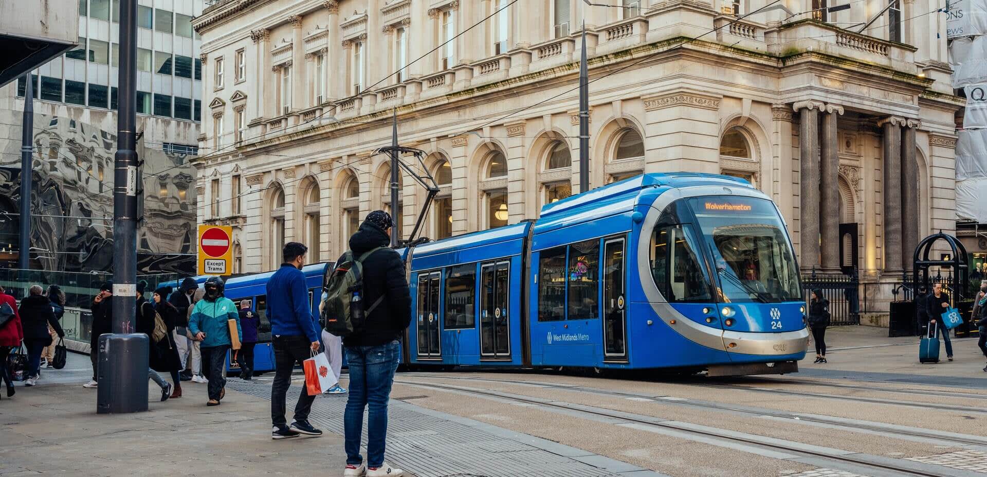 Blue Metro Tram outside Birmingham Grand Central