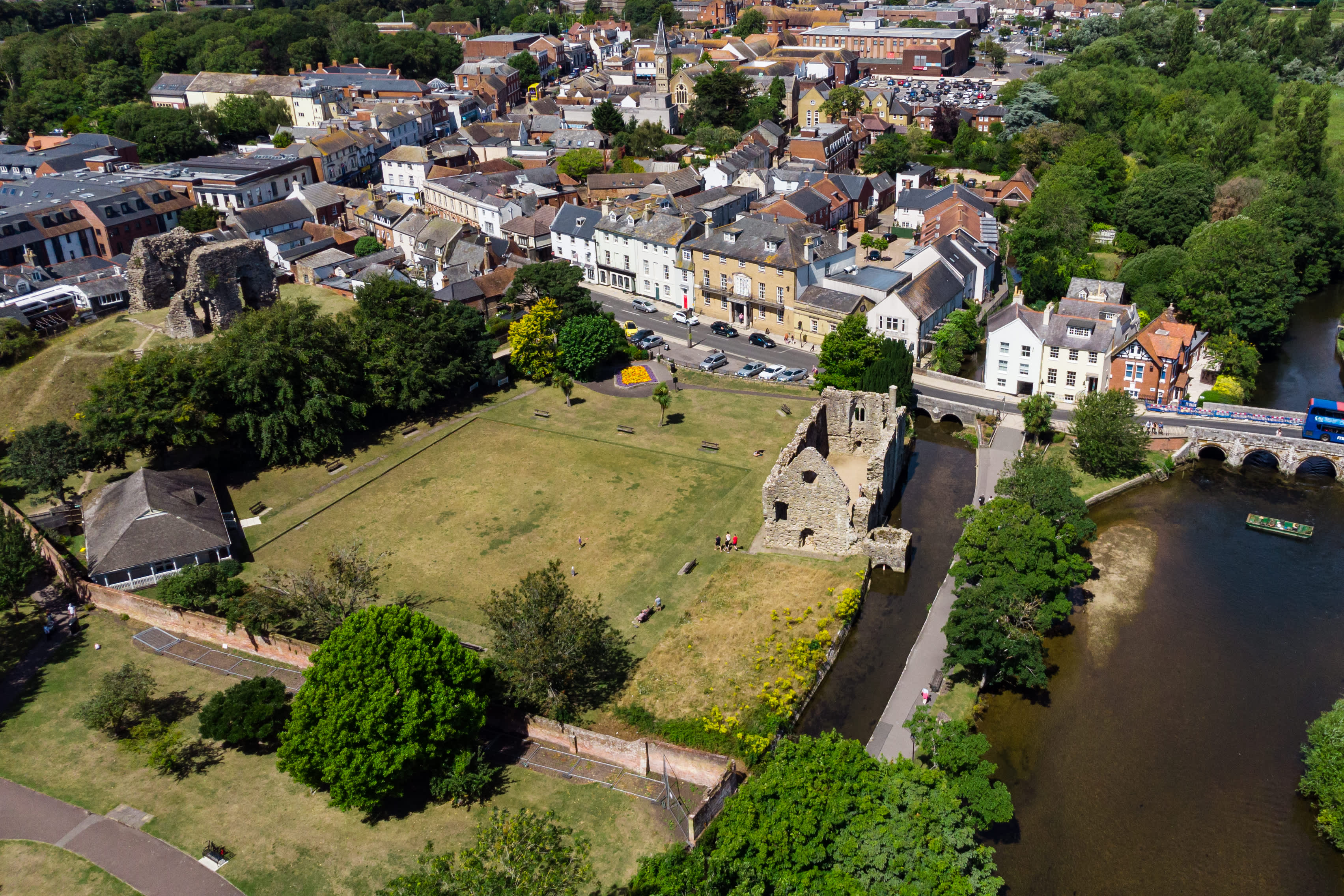 Drone shot of Christchurch Castle Street, showing an aerial view of the Norman House