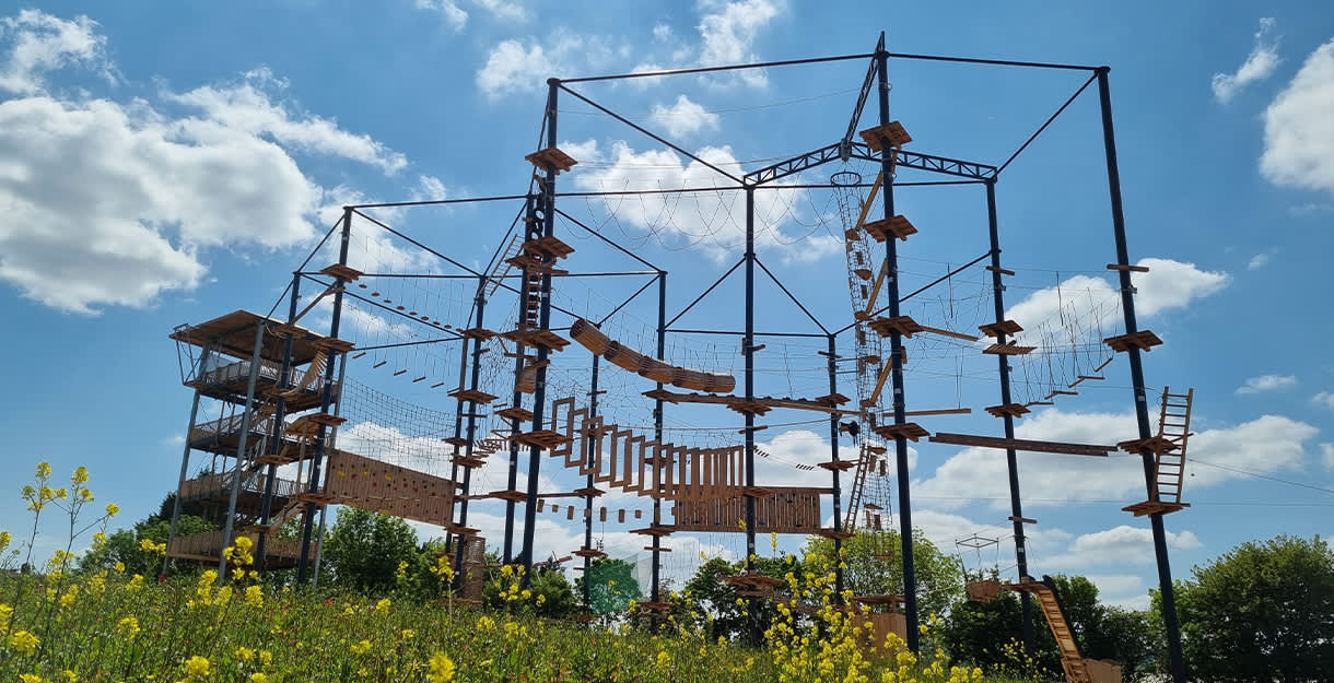 Assault course with platforms and bridges suspended high in the air