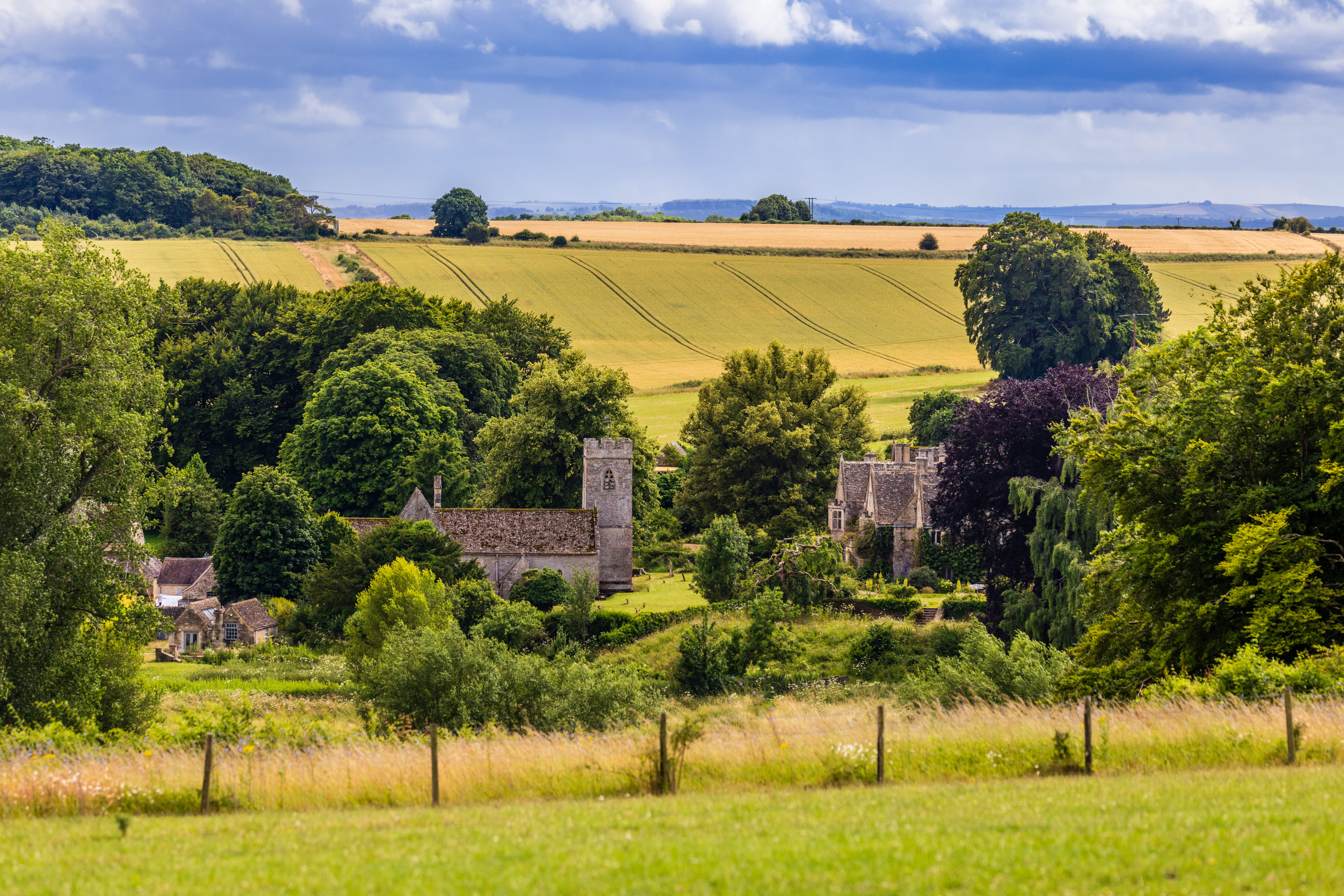 A summer view across the fields towards Asthall