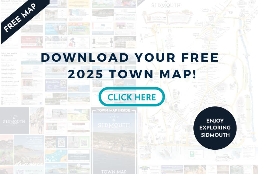 Promotional image for a free 2025 Sidmouth town map. Features coastal view, "Download Your Free 2025 Town Map!" text, and a "Click Here" button.