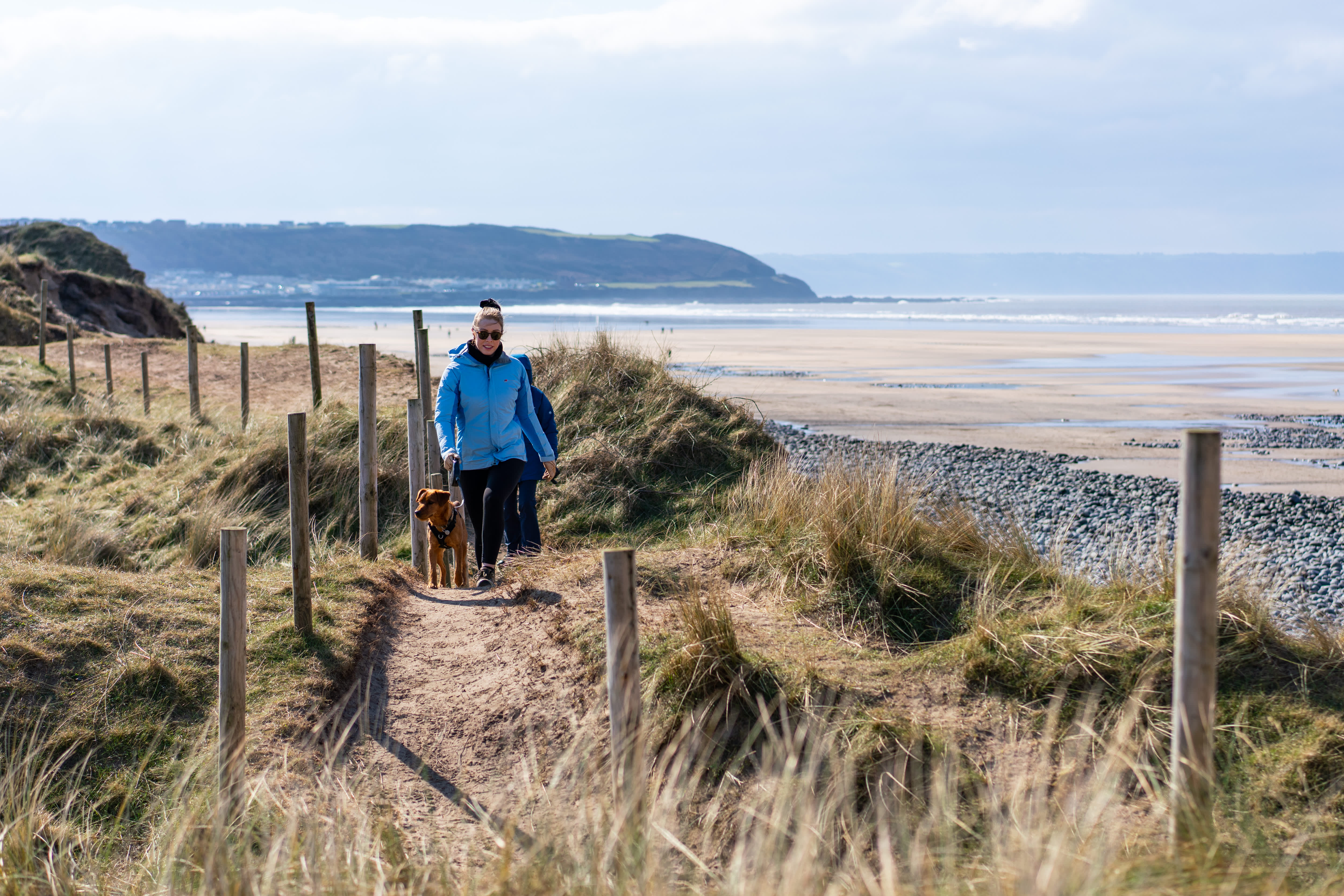 dog walkers at Westward Ho beach, spring, autumn